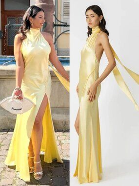 Sau Lee Penelope Maxi Gown Popcorn Yellow Satin Backless Halter‎ Size 12